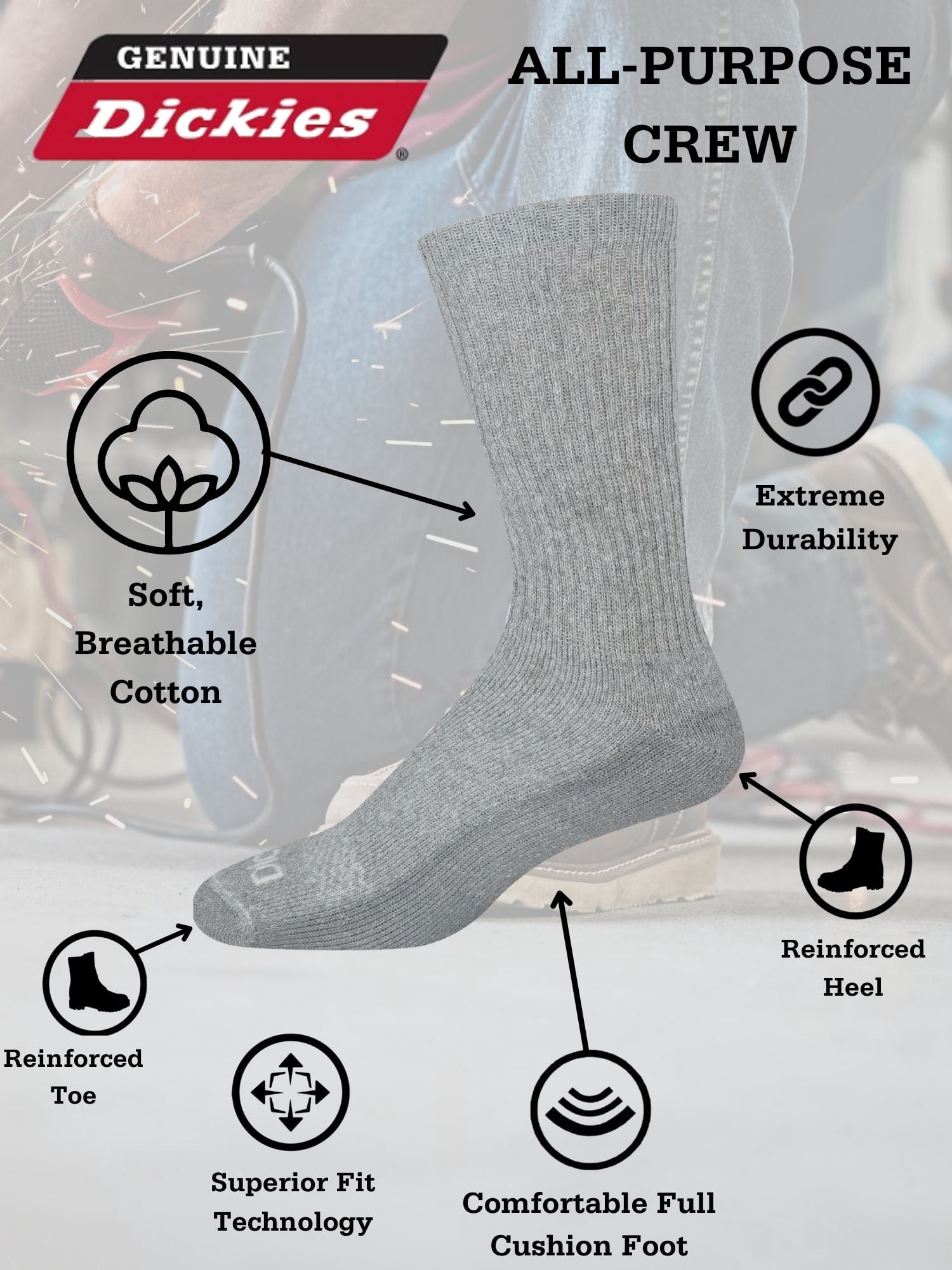 Dickies Men's Value Work Crew Socks, 24 Pack- Lt Grey Size 6-12
