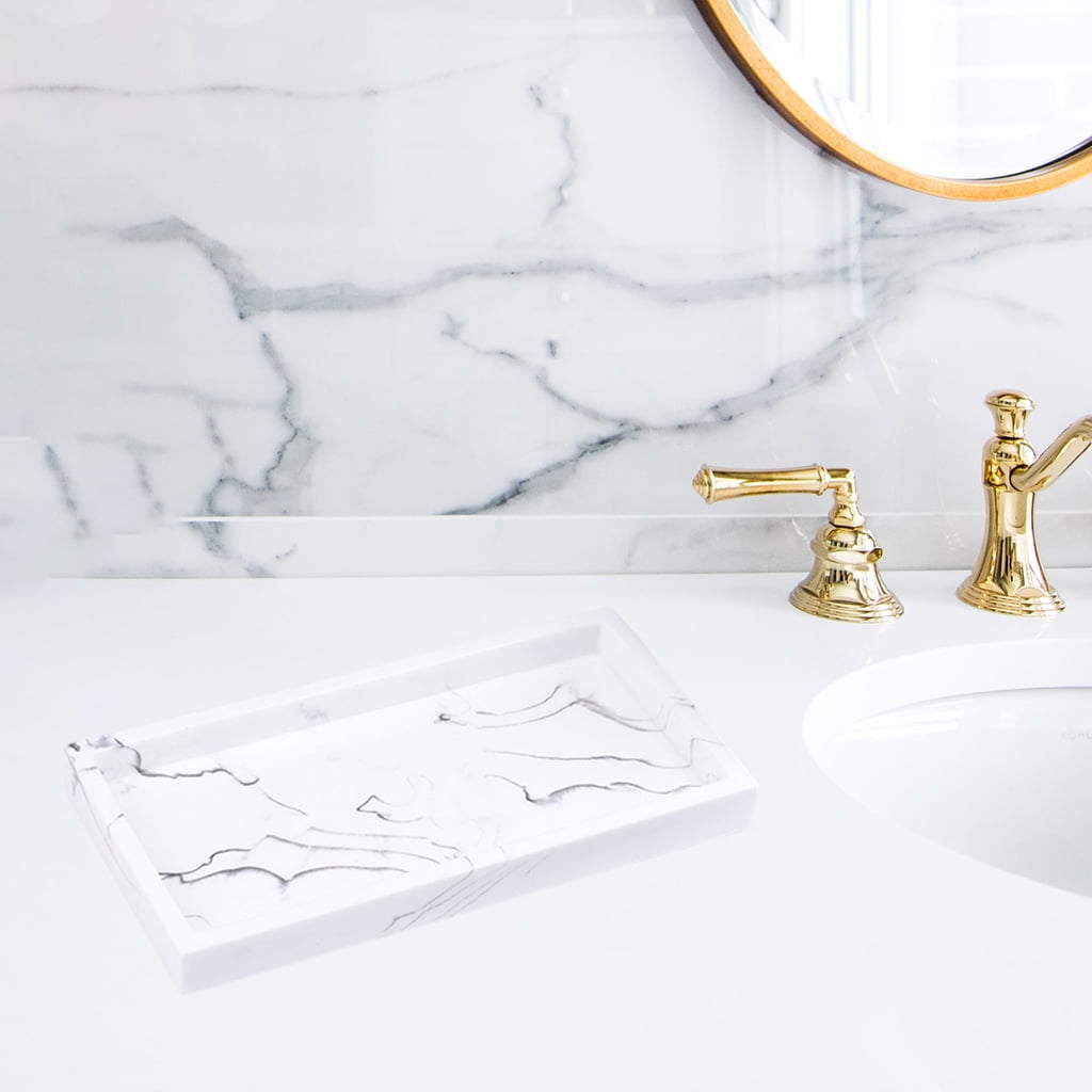 Marble Storage Tray Washroom Vanity Tray Kitchen Dresser Countertop Storage Holder Jewelry Dish Cosmetics Organizer Hotel Decoration - White
