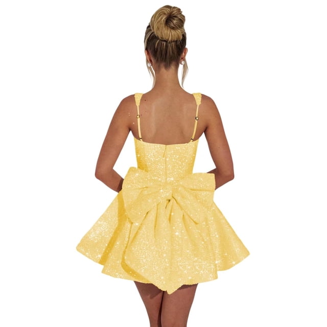 Vestido de bienvenida Dessiny Aline US24W con lentejuelas amarillas brillantes