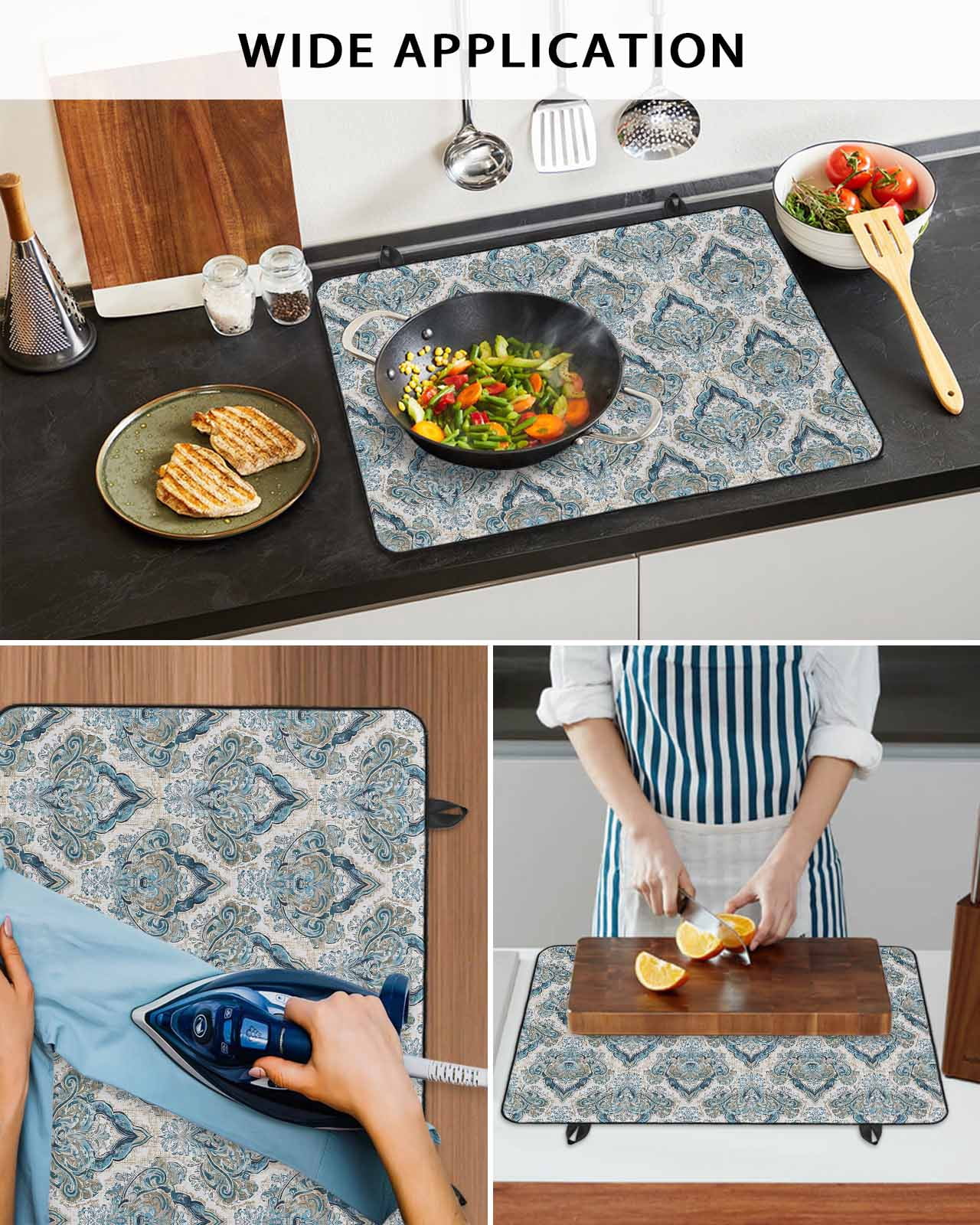 nqOlkjepod Large Induction Cooktop Protector Mat 36"x21", Boho Floral Stove Top Covers for Electric Stove, Retro Teal Blue Flower Vintage Decorative Stove Burner Cover Mats, Glass Top Stove Cover