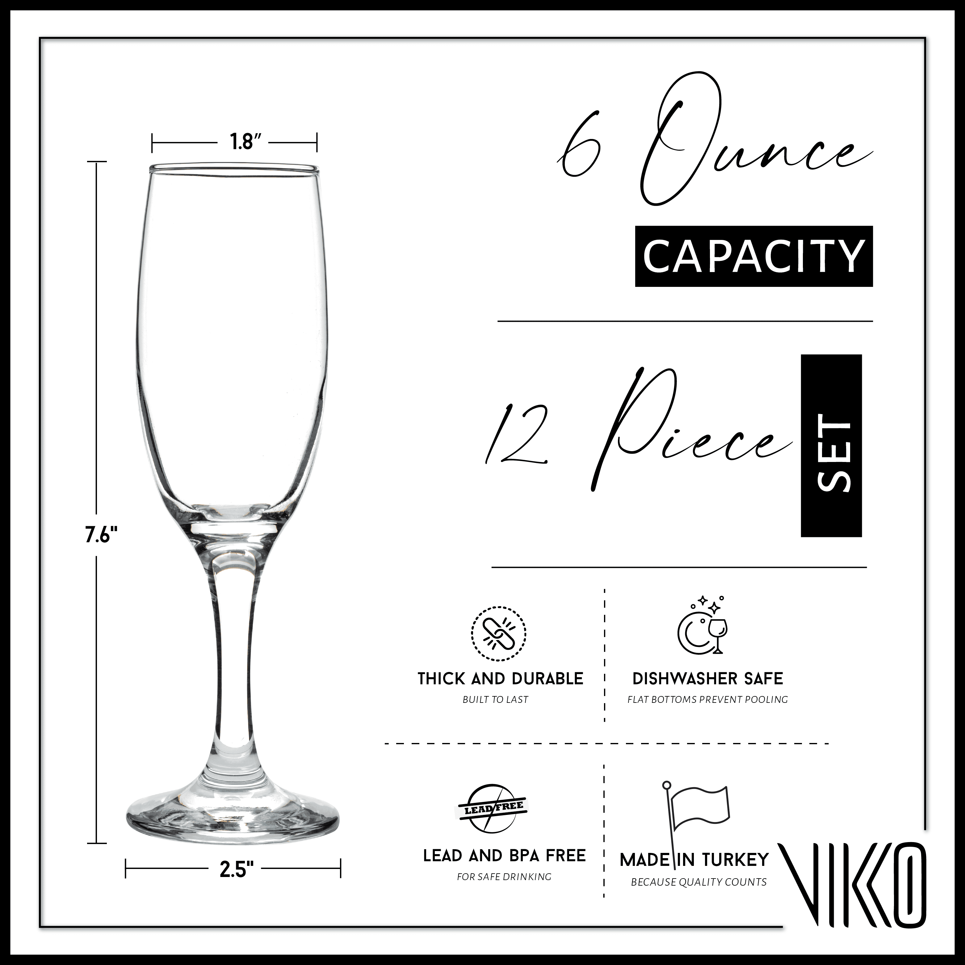 Vikko Champagne Flutes, 6 Ounce Toasting Champagne Flute, Crystal Clear Champagne Glasses, Set of 12 Elegant Sparkling Wine Glasses
