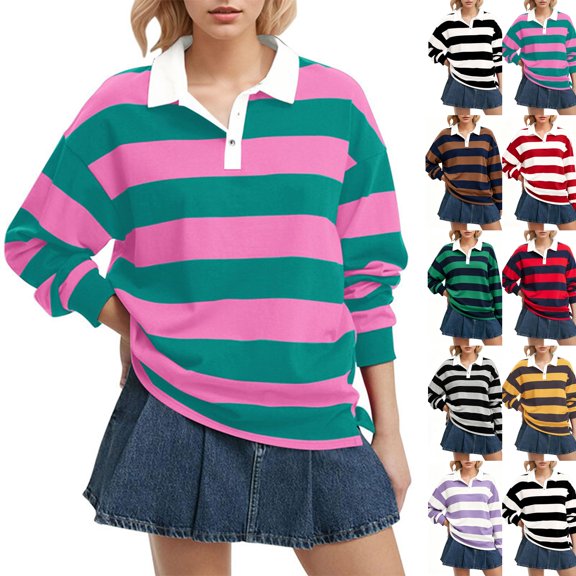 Women Long Sleeve Striped Polo Shirt Oversized Collar Y2k Pullover T Shirt Casual Loose Streetwear Rugby Sweatshirt,Light pink,XL