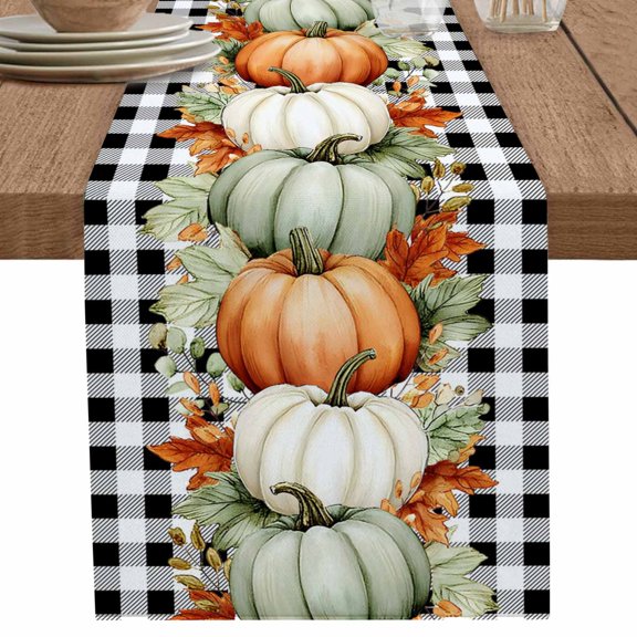 nqOlkjepod Orange Green Grey Fall Table Runner 36 Inches Long Farmhouse Dress Scarves, Botanical Thanksgiving Pumpkins Plaid Dining Tablerunner for Coffee Table/Kitchen Island/Party, Small 13"x36"