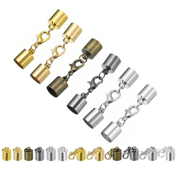 30Sets 8mm Leather Cord End Caps with Lobster Claw Clasps, Barrel Terminators, 6 Colors in 1Set