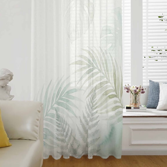Summer Botanical Sheer Curtains 72 Inches Long for Living Room/Bedroom, Green Tropical Palm Leaves Watercolor Rod Pocket Voile Kitchen Curtains & Drapes Window Treatment 1 Panel, 52"W x 72"L