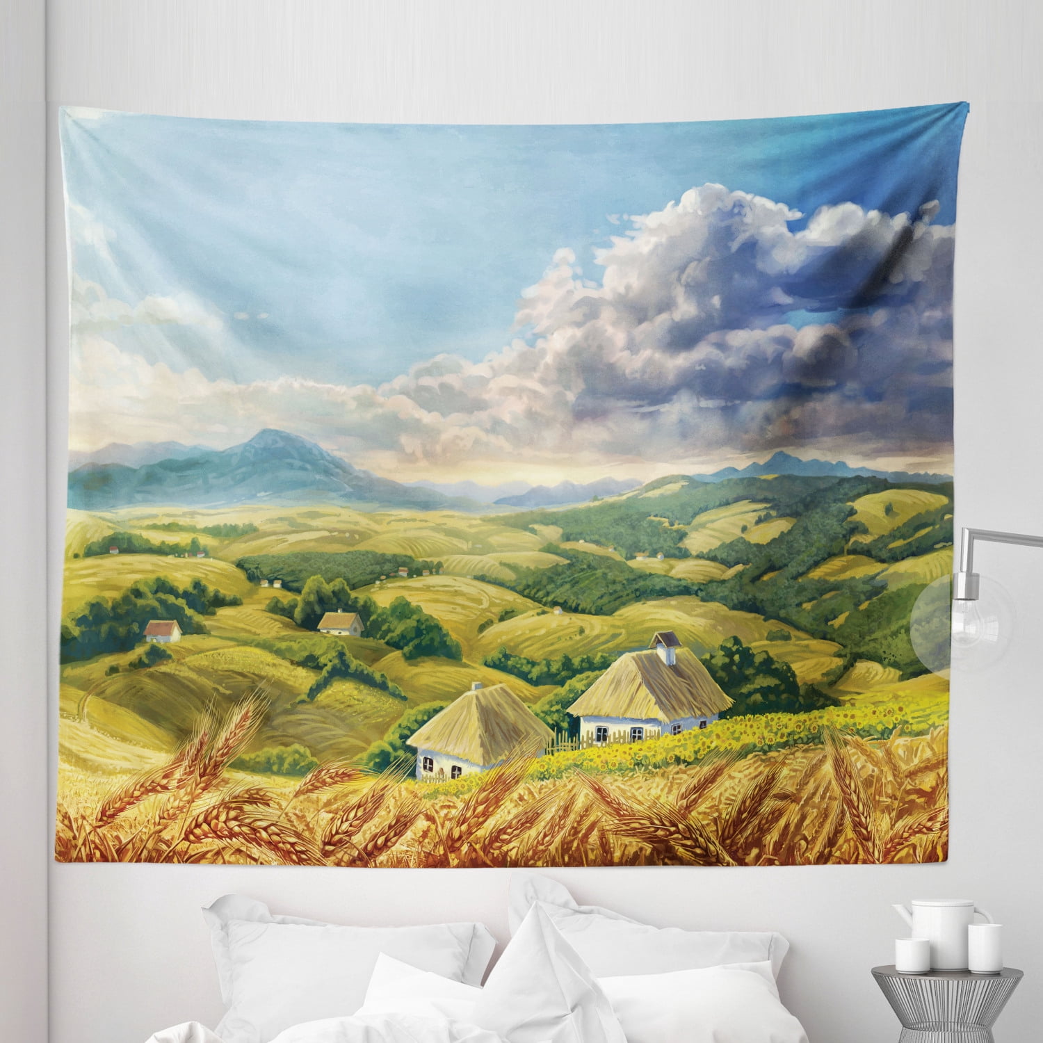 Landscape Tapestry, Summer Rural Landscape with Wheat and Small Country ...