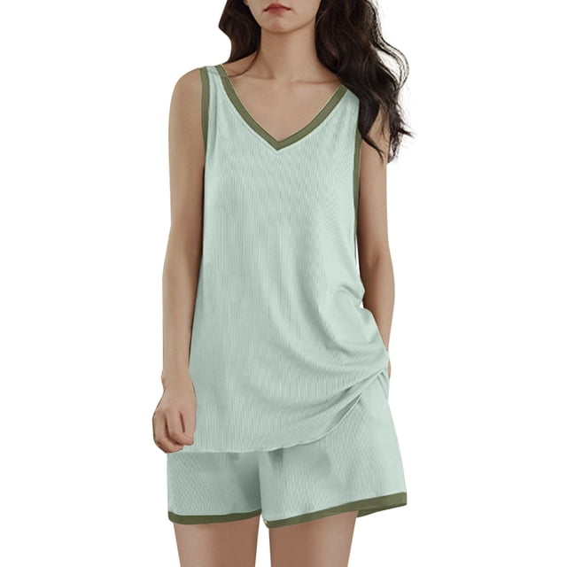 Lixiuxyad Women's Summer Ice Silk Ribbed Padded Vest With Plus Size Thin And Comfortable & Sleepwear Set Green