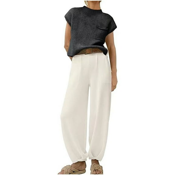 UAMVSH Womens Two Piece Outfits Cap Sleeve Sweater Knitwear High Waisted Harem Pants Matching Sets Casual Dressy Suits with Pockets(X-LargeWine)