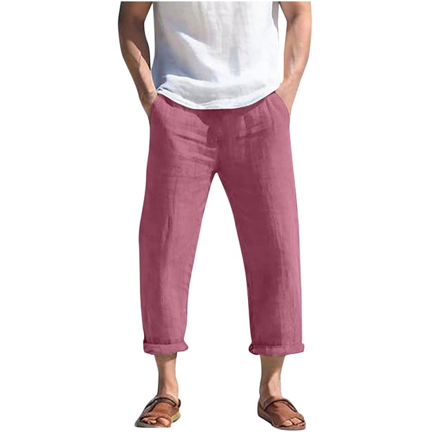 cfhntfmh Mens Capri Pants Casual Loose 3/4 Shorts Drawstring Summer Beach Cropped Pants Solid Straight Leg Boho Trousers