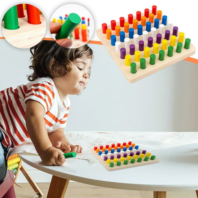 Lydiaunistar Wooden Cylinder Socket Blocks, 7-Color Math Learning Toys for Kids, Natural Solid Wood Montessori Sorting Puzzle to Improve Concentration & Hand-Eye Coordination, 20x20x4cm