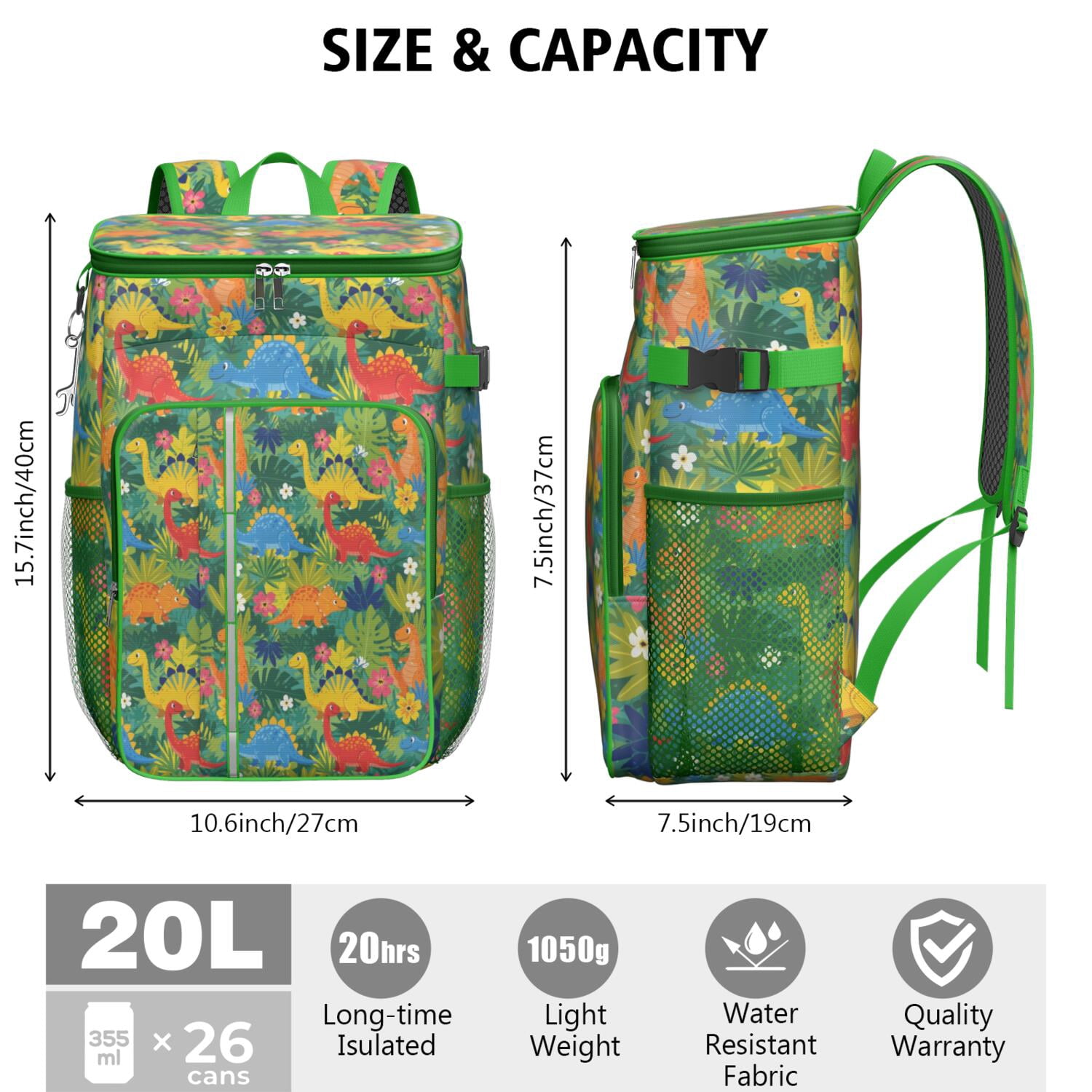 Travel Cooler Bag - Green Cartoon Dinosaurs Jungle Flowers Pattern Camping Beer Cooler Backpack with Bottle Opener- Waterproof Insulated Picnic Backpacks - Cooler Bag for Beach