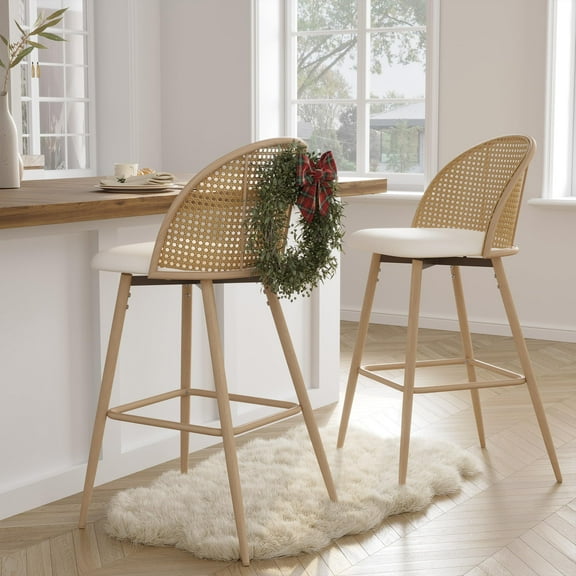 Set of 2 Boho Rattan Swivel Bar Stools 29 Inch Height, Mid Century Modern Kitchen Island Counter Chairs, White Faux Leather Seat and Woven Metal Legs, White