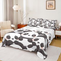 jejeloiu Kawaii Cute Panda Queen Sheet Sets,Wild Zoo Animal Flat Sheet,White Black Queen Fitted Sheet For Kids,Breathable Home Decor,4pcs