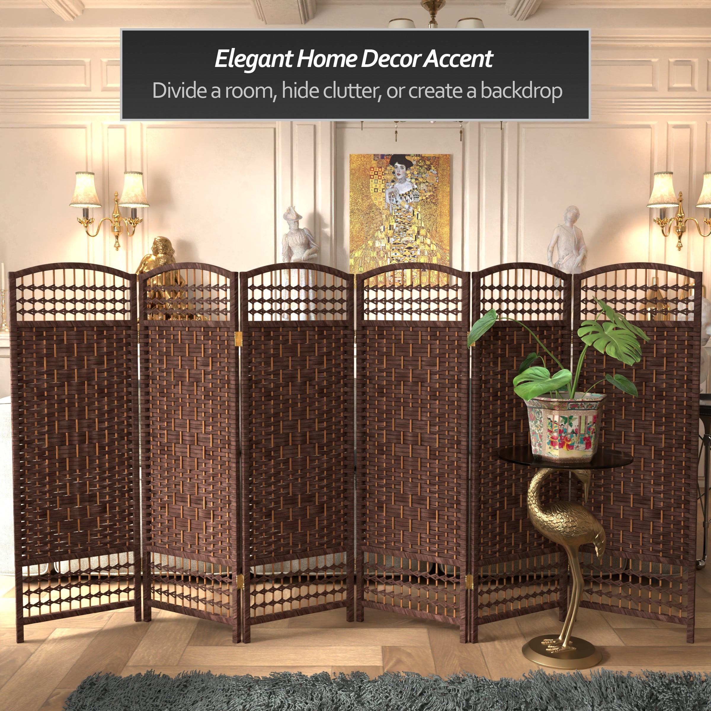 Red Lantern 4 ft. Short Fiber Weave Folding Screen - Dark Mocha - 6 Panels