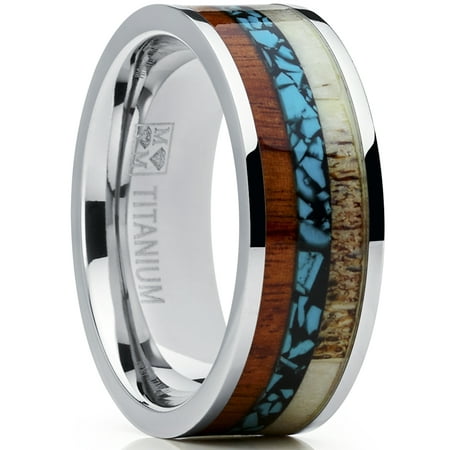 Turquoise Inlay Band - Men's Titanium Ring Wedding Band with Real Deer Antler, Koa Wood and Turquoise Inlay, Outdoor Hunting