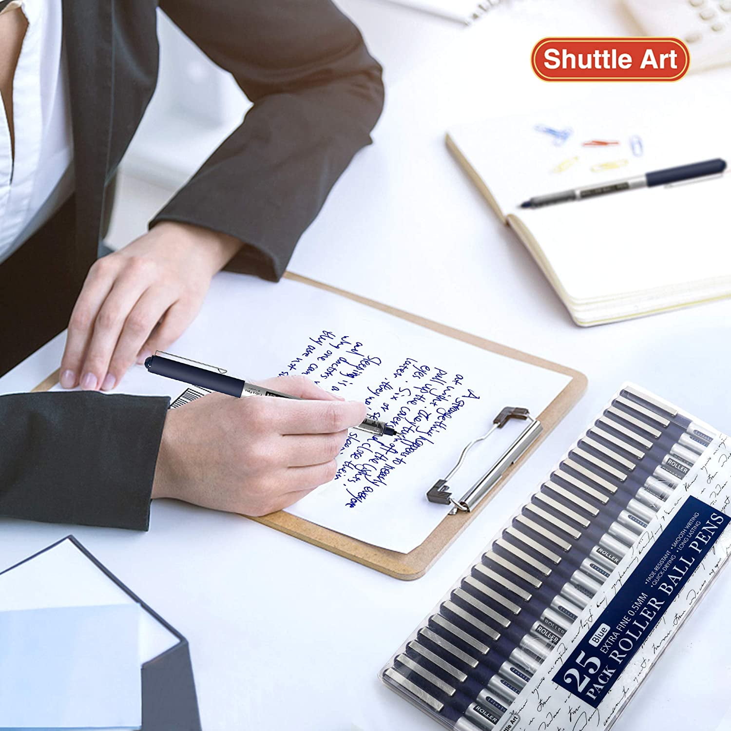 RollerBall Pens, Shuttle Art 25 Pack Blue Fine Point Roller Ball Pens, 0.5mm Liquid Ink Pens for Writing Journaling Taking Notes Office