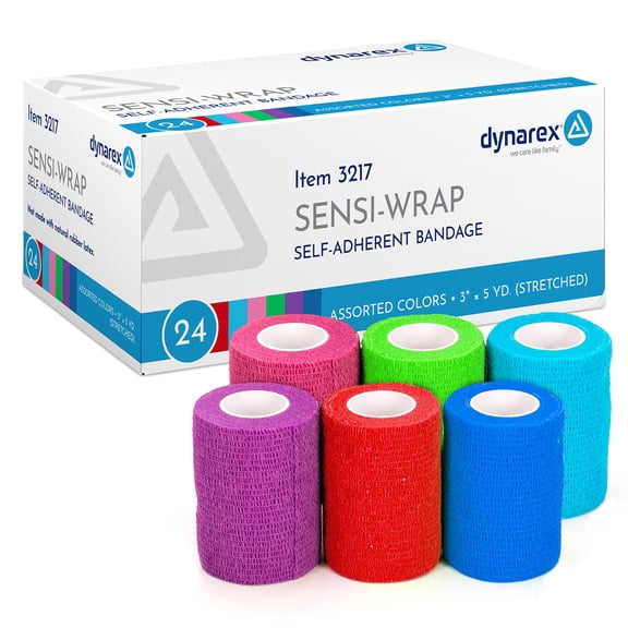 Dynarex Sensi-Wrap Self-Adhesive Bandages, 24-Pack, 3" x 5 yards, Assorted Colors, Latex-Free, Colored Elastic Cohesive Athletic Tape, Tattoo Grip & Vet Wrap