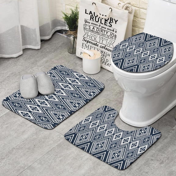 Blue Geometric Diamond Triangle Pattern Bathroom Rugs Sets 3 Piece,Toilet Cover Set,Absorbent Non Slip Bathroom Mats Sets with U-Shaped Contour Rug Toilet Rug Set