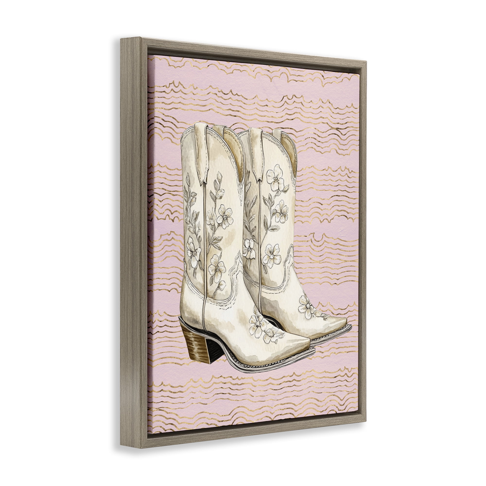 Stupell Industries Cowgirl Boots in White Plants & Flowers Painting Brown Floater Framed Canvas Art Print Wall Art, 25 x 31