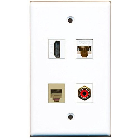 RiteAV - 1 Port HDMI 1 Port RCA Red 1 Port Phone RJ11 RJ12 Beige 1 Port Cat6 Ethernet White Wall Plate