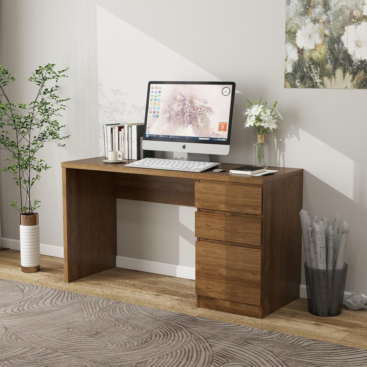 LAZZO 53" Computer Desk with 3 Drawers, Executive Writing Desk with File Storage Drawer for Home Office, Brown