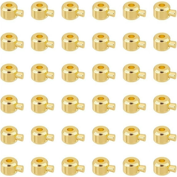 60Pcs Crimp Beads 18K Gold Plated Stopper Beads with Pin Metal Loose Spacer Beads Bulk Metal Round Stopper Crimp End Beads for Jewelry Making Accessories Hole 0.9mm for making