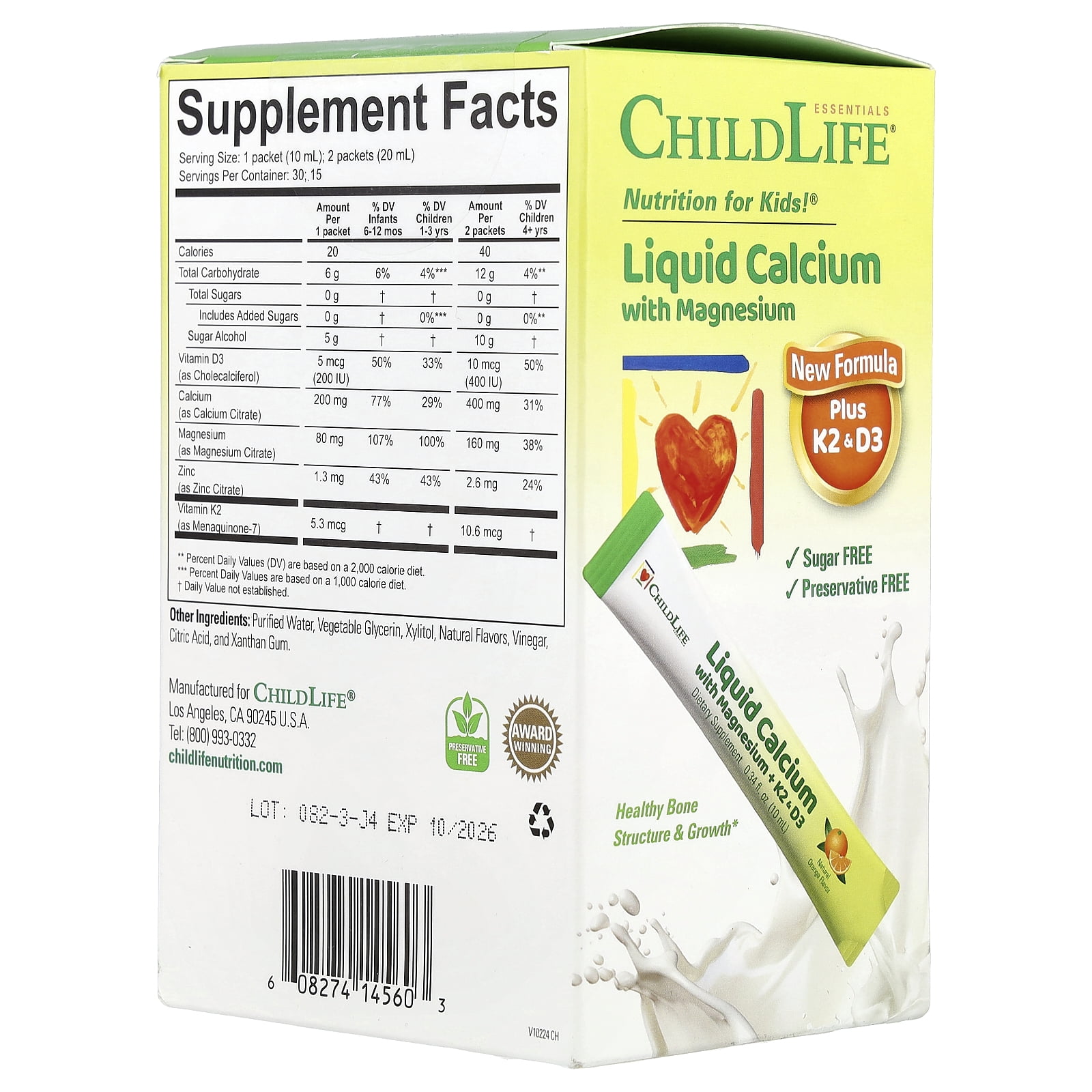 ChildLife Essentials Liquid Calcium with Magnesium Plus K2 & D3, Natural Orange, 30 Packet, 0.34 fl oz (10 ml)