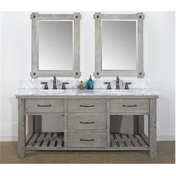 InFurniture WK8472-G-CW TOP 72 in. Rustic Solid Fir Double Sink Vanity in Grey Driftwood-No Faucet With Carrara White Marble Top-No Faucet