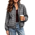 thumbnail image 2 of Xdegoge Bomber Jackets for Women Fall Plaid Stand Collar Long Sleeve Zip Up Outerwear Fall Winter Lightweight Casual Vintage Streetwear Coats Gray XXL, 2 of 8