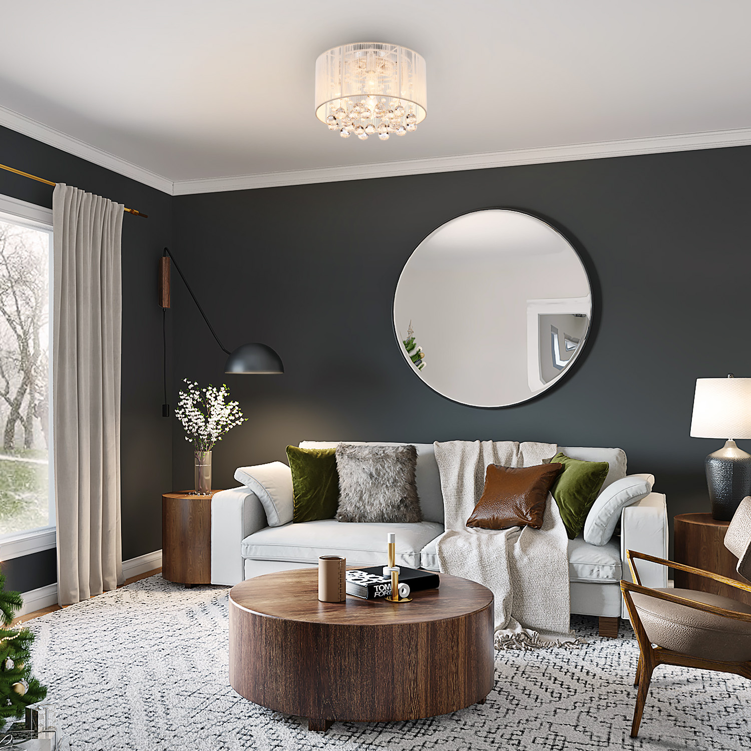 Modern Chandelier for Dining Room Master Bedroom Decor, Crystal Dining Room Light Fixture with K9 Crystal Beads and String Netted Drum Shade, Semi Flush Small Chandelier Ceiling Light