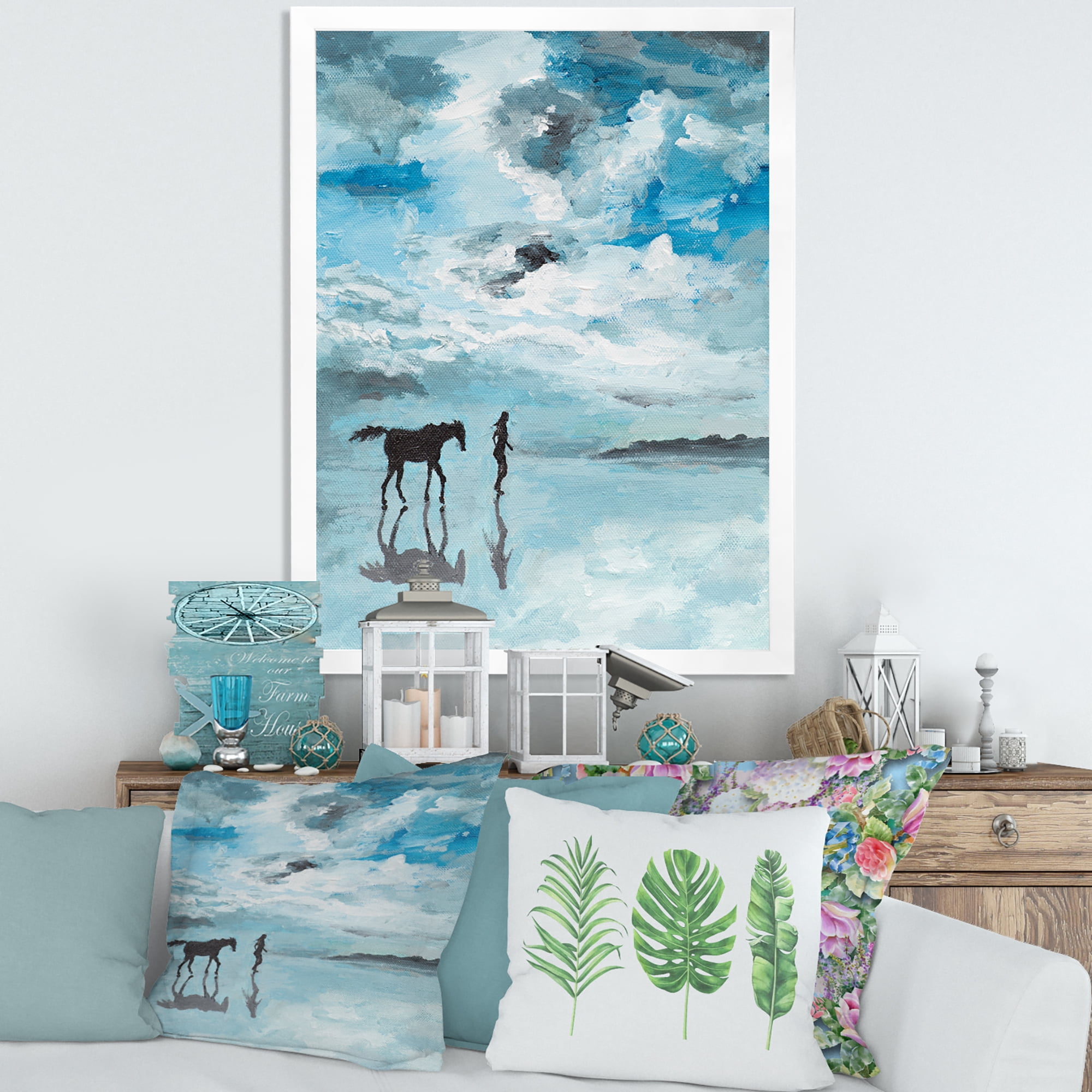 Designart 'Peaceful Scene Of Horse and Man Running By The Water' Farmhouse Framed Art Print