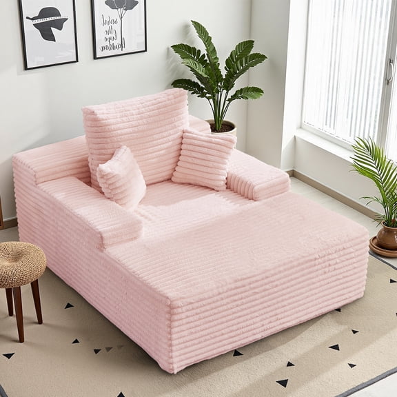 GEEYOO 63.7''Oversized Chaise Lounge Chair Indoor,Cloud Plush Corduroy Upholstered Sofa Bed with Throw Pillows,Deep Seat Floor Sofa Bed for Living Room,No Assembly Required,Pink