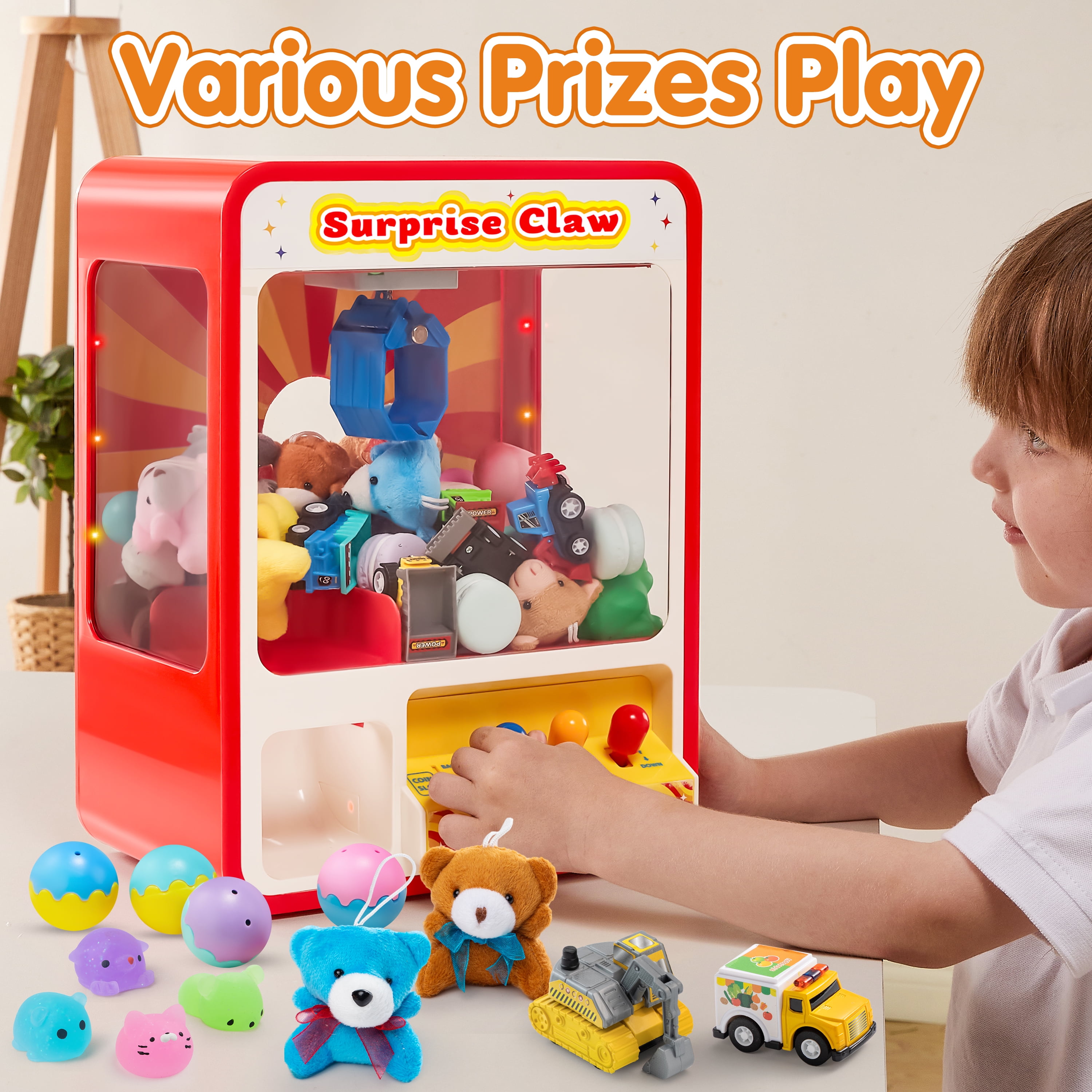 Joyfy Claw Machine Toy with LED Light & Adjustable Sound, Mini Vending Machine Prize Dispenser Toys for Girls and Boys, Electronic Claw Game Machine for Christmas and Party Birthdays Gift