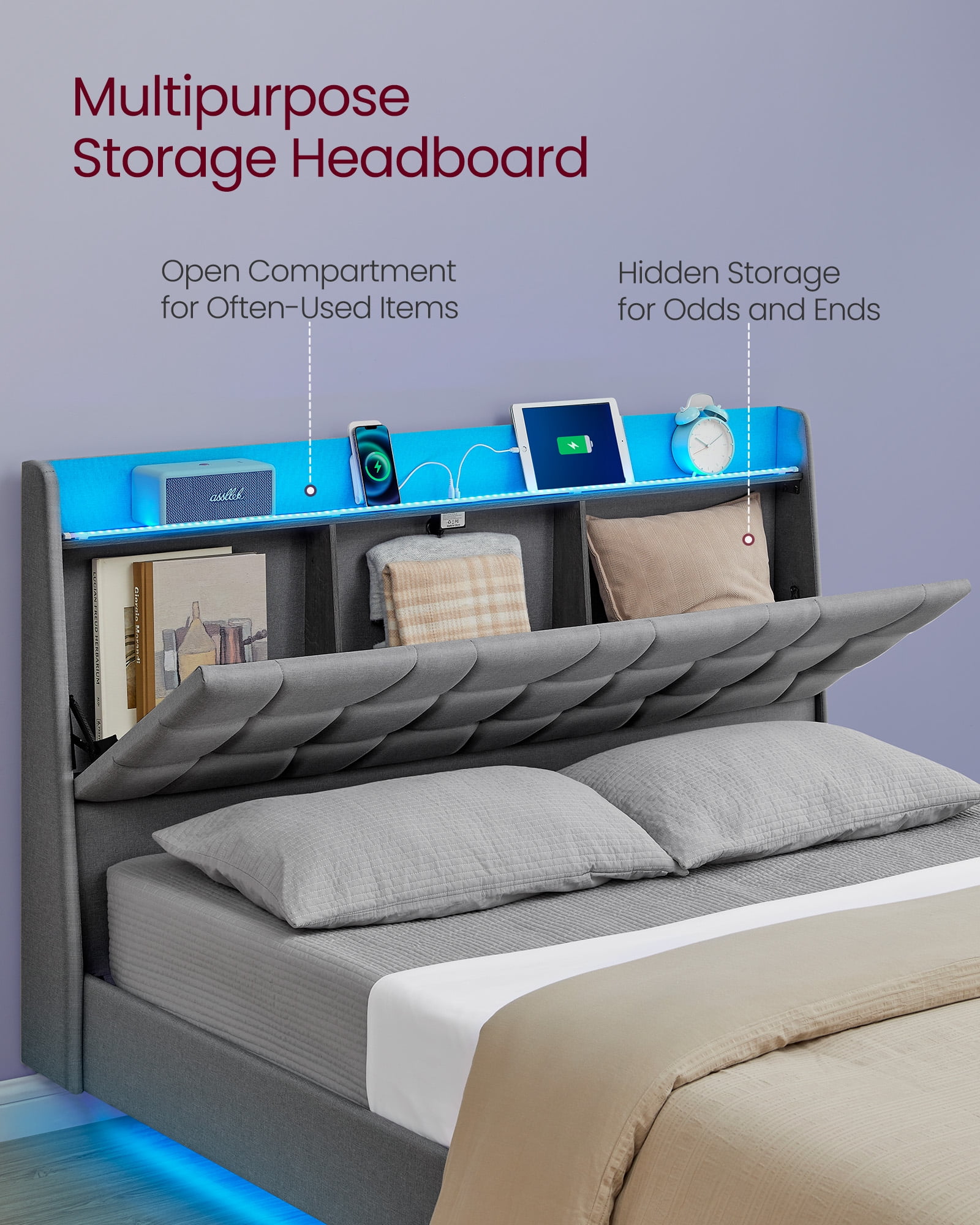 Queen Size Floating Bed Frame with LED Lights,Charging Station, Tufted Storage Headboard, Upholstered Platform, No Box Spring Needed