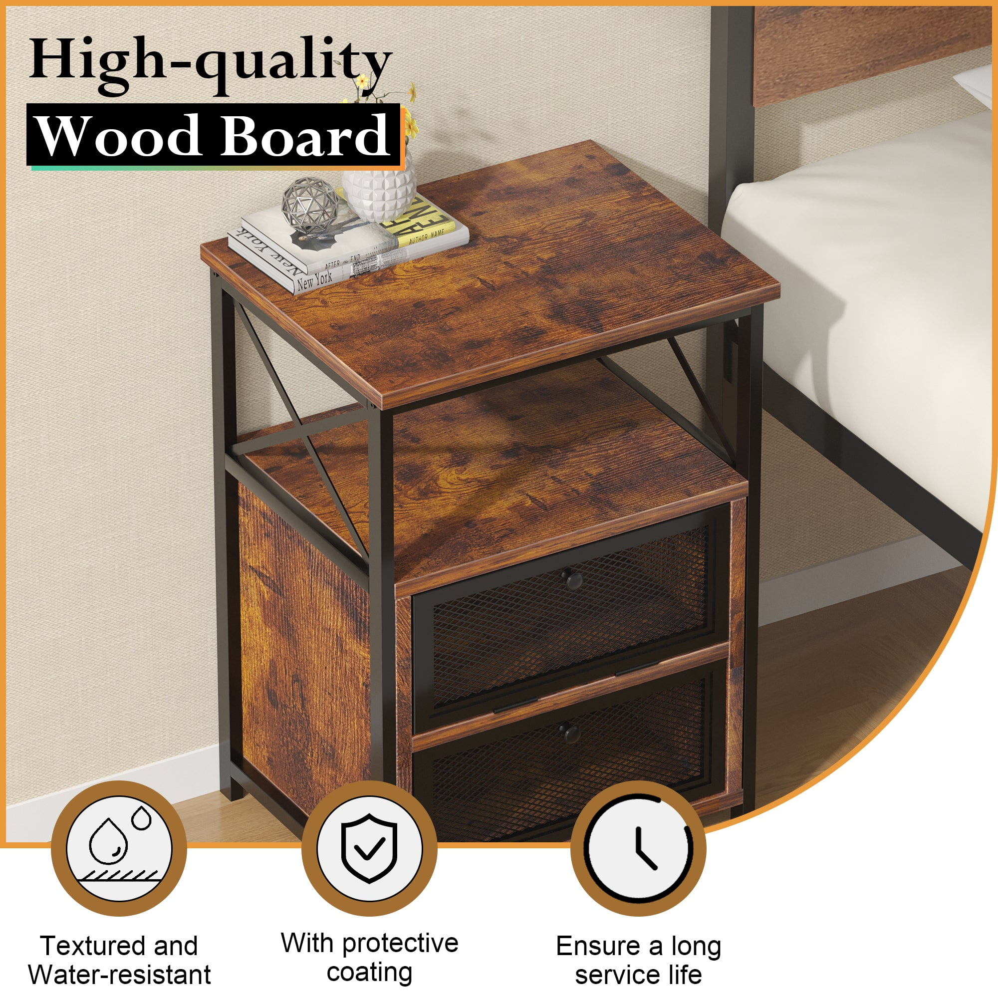 VECELO Set of 2 Nightstands with Flip Doors, Side End Table for Bedroom/Living Room/Office, Brown