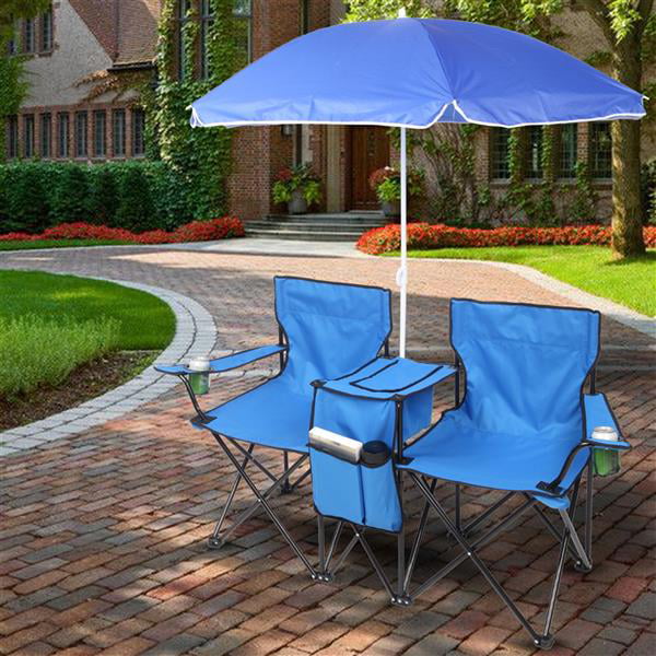 Portable Folding Camping Chair Fishing Chairs Double 2-Seat W/Removable  Umbrella Table Cooler Beach Camping Chair Blue