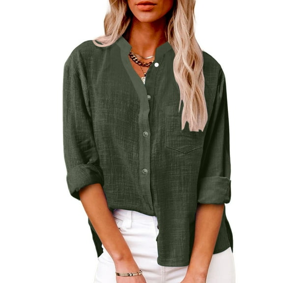 ICHUANYI 2023 Women's Button Down Lapel Solid Shirts Long Sleeve Blouses V Neck Casual Loose Tops