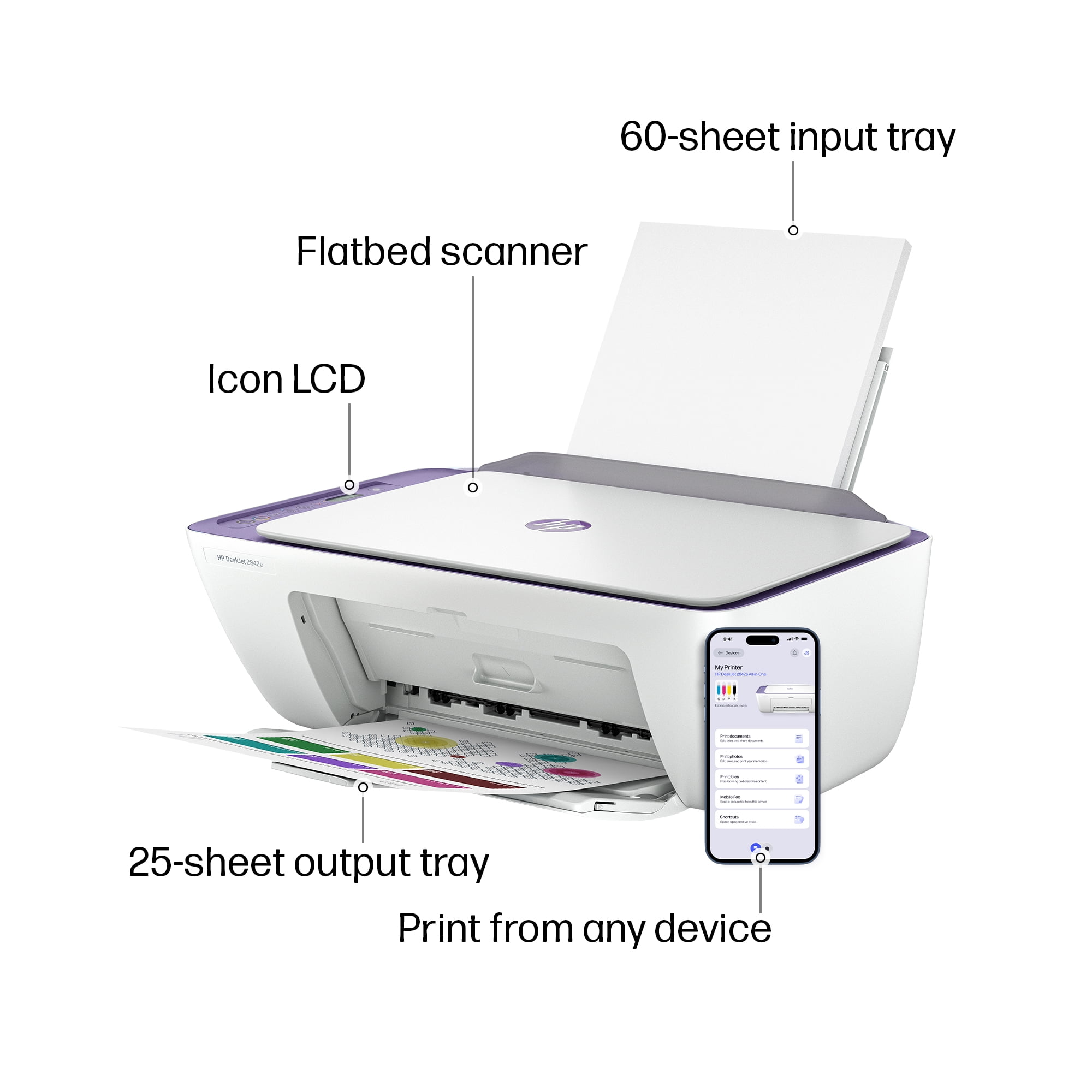 HP DeskJet 2842e Wireless All-in-One Color Inkjet Printer (Purple), Scanner, Copier, 6 months Free Instant Ink