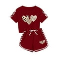 thumbnail image 3 of Boy Girl's Tracksuit Sets 2 Piece Outfits Letter Print Vacation Tee Top and Drawstring Waist Shorts Wine 8-9 Years, 3 of 6