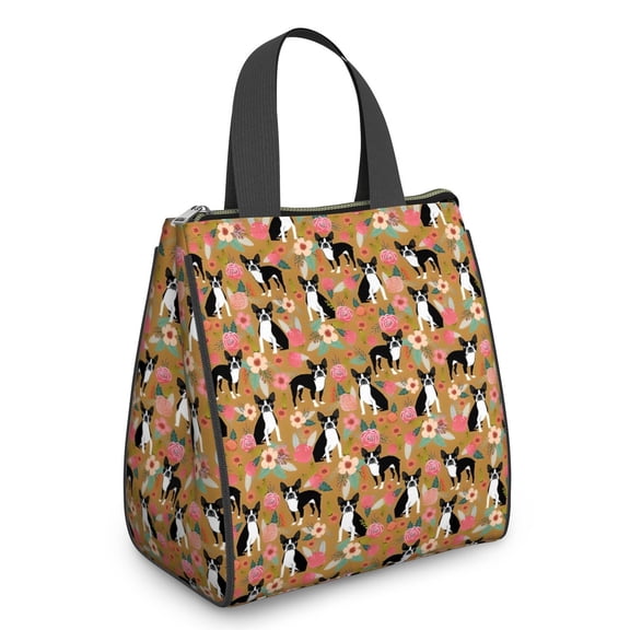 Boston Terrier and Flower Insulated Lunch Bag for Women & Adults,Large Portable Soft Cooler Lunch Bag,Thermal Food Storage Tote with Pearl Cotton,8.66L,8.75x5.75x9.5 Inch