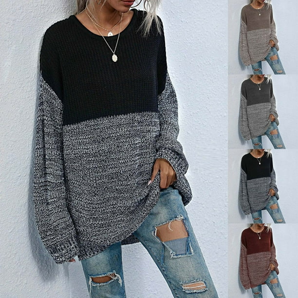 Tops básicos para mujer,Camisa de punto patchwork para mujer, top informal de manga larga, mezcla de poliéster, corte holgado, cuello redondo, para usar en casa, sopatenor