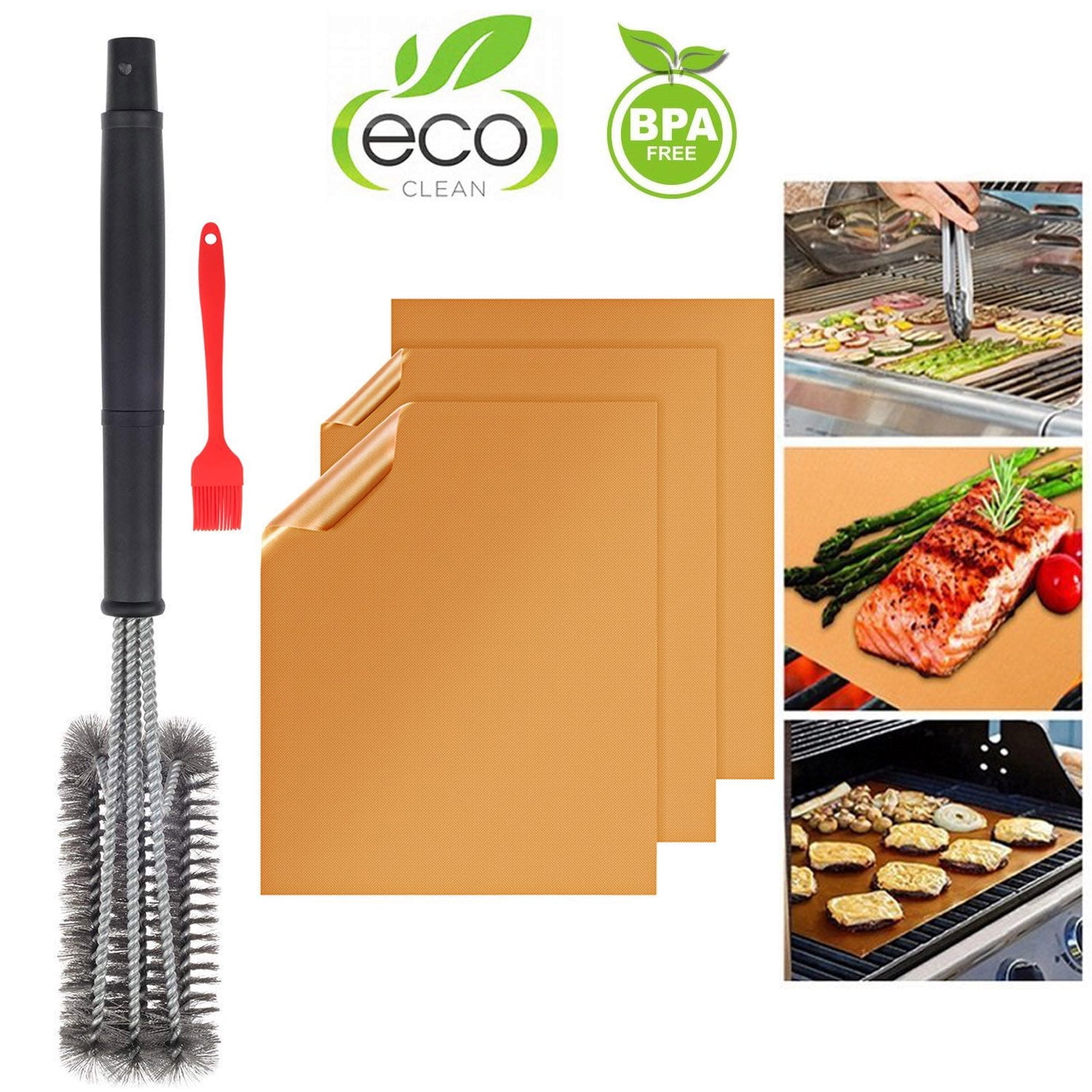 Copper Grill Mats 3PACK NonStick Reusable + 18" Grill Brush Stainless