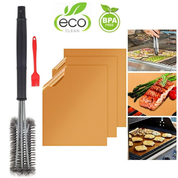 Copper Grill Mats 3PACK NonStick Reusable + 18" Grill Brush Stainless