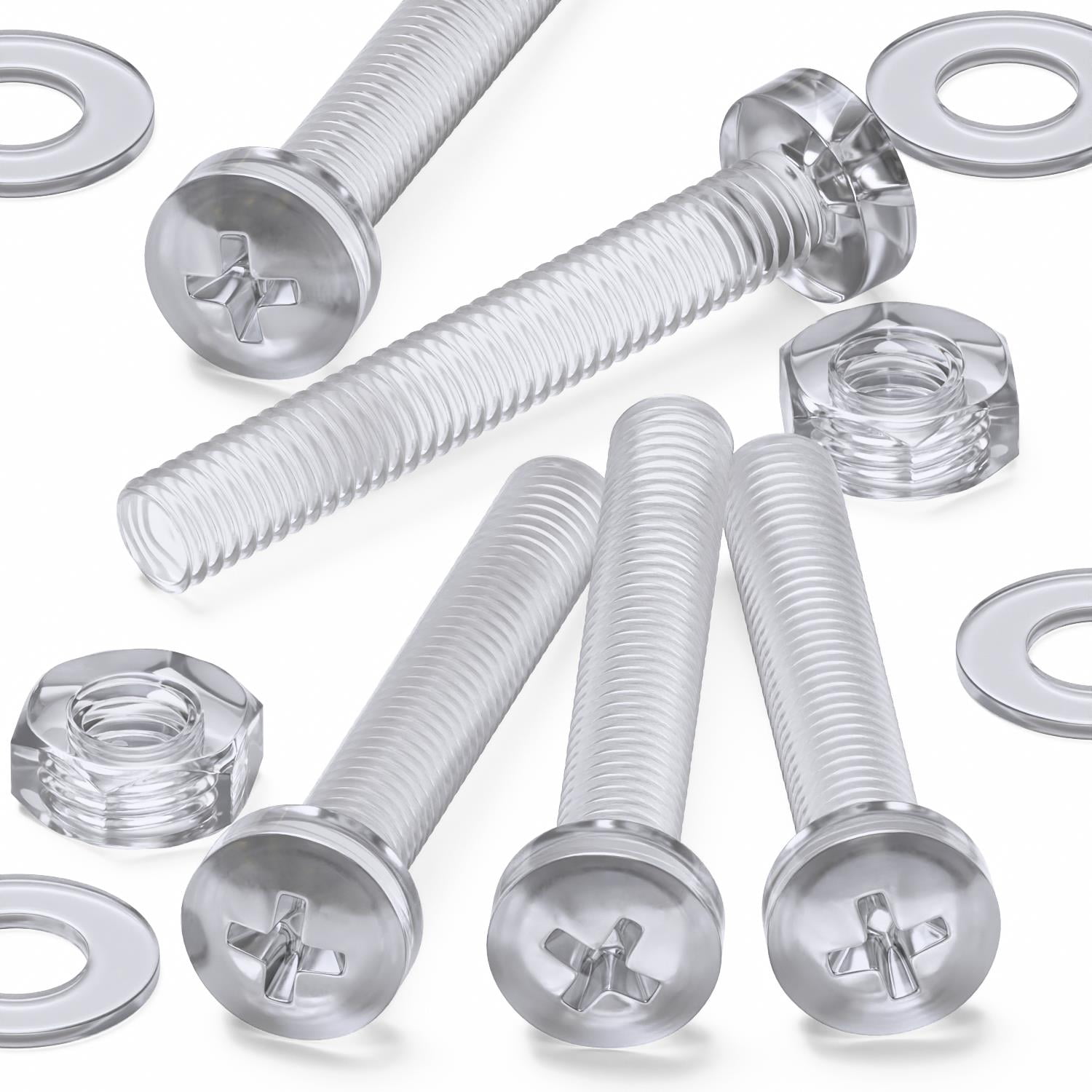 Pack of 60 Transparent Clear Plastic Acrylic M3 x 20mm Nuts & Bolts, Washers - Acrylic Plastic Screws, (3/32 x 25/32 in)