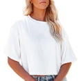 thumbnail image 2 of Trendfront Womens Summer Crew Neck Elbow Sleeve Tops Cropped Length Solid Color Tees Plain Casual Everyday Style Wear T-Shirts, 2 of 6