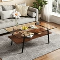 thumbnail image 2 of Coffee Table with Storage Shelf, 2-Tier Rectangle Coffee Table with Black Metal Legs, Coffee Tables with Tempered Glass Tabletop, Modern Table for Living Room Bed Room Apartment, Brown, 2 of 9