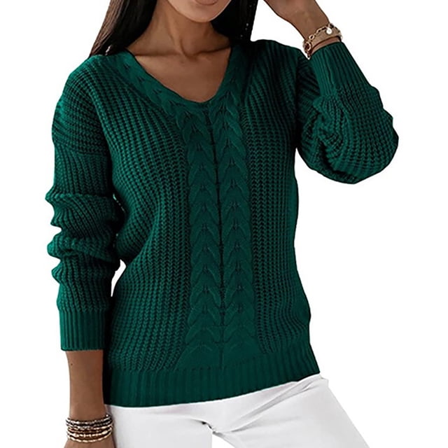 Suéter de cuello en V para mujer, jersey de manga larga con cuello en V, blusa informal de color liso, suéter para mujer