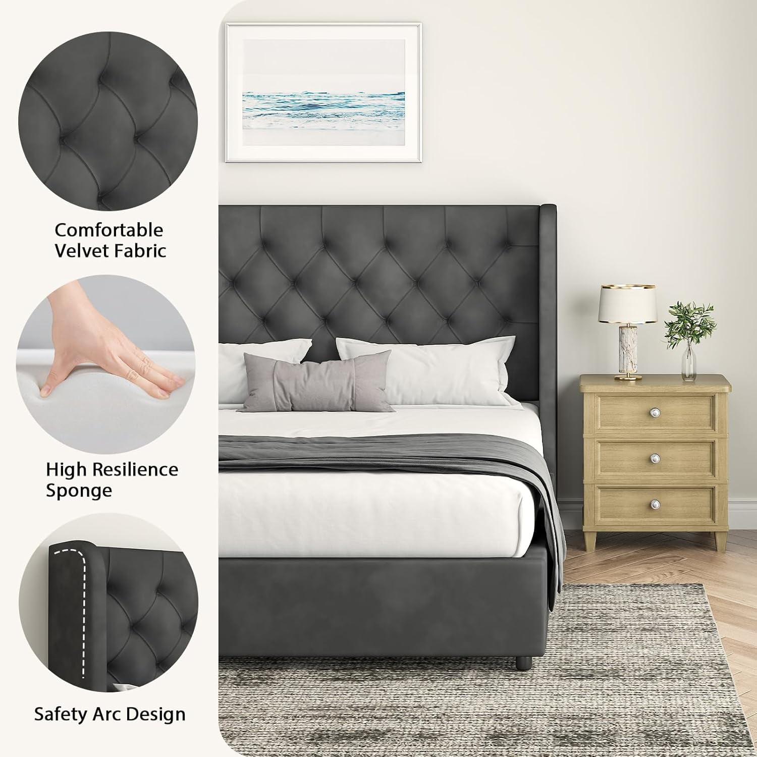 4 EVER WINNER King Size Bed Frame, Modern Upholstered Platform Bed Frame with Button Wingback Headboard, White