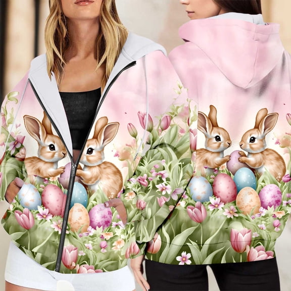 Easter Bunny Print Women's Hoodie Long Sleeve Zip Up Loose Fit Fall Casual Sweatshirt Crewneck Pullover Tops