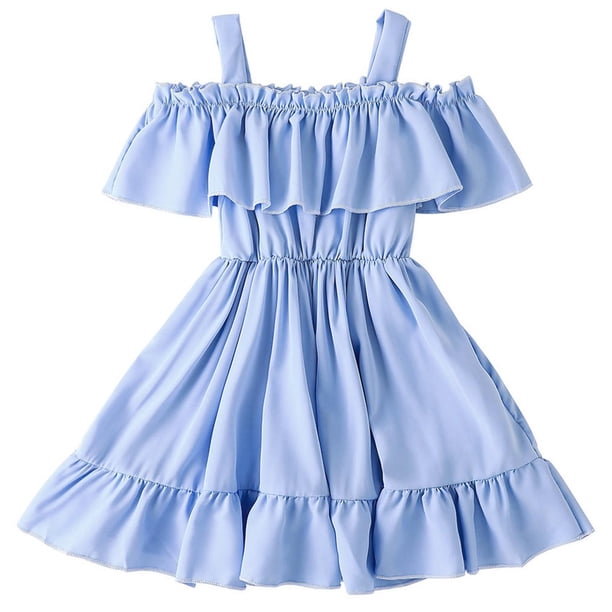 Vestido largo sin mangas con cuello redondo para niña, color liso, hombros descubiertos, plisado, acampanado, con escote para niña, de poliéster.